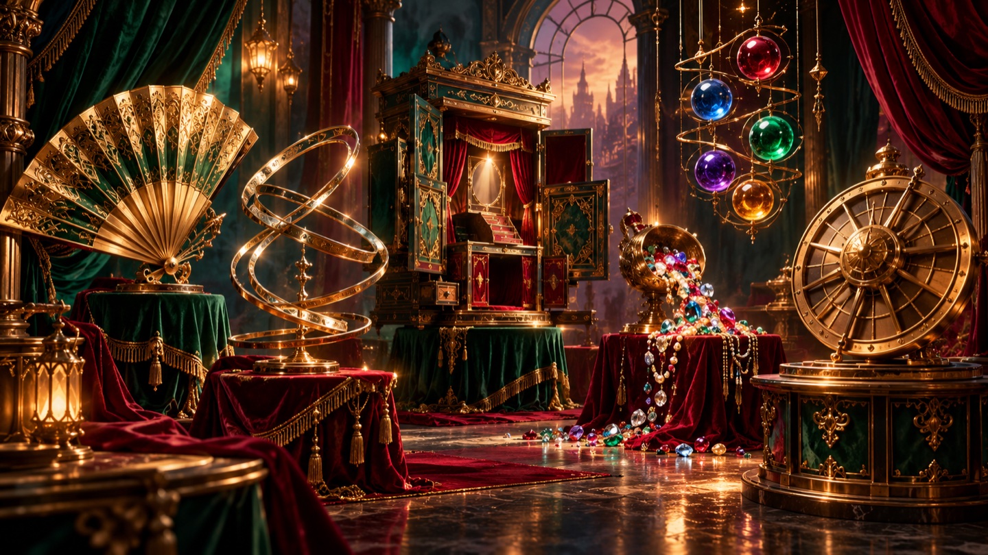 A theatrical prop studio with six elaborate game mechanisms