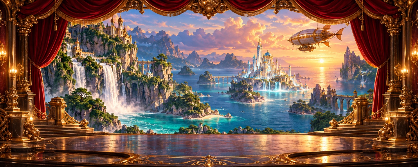 A vast adventure stage with emerald islands, an ocean palace and a brass airship
