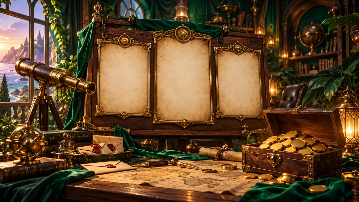 An illustrated backstage mission board with ledgers and play tokens